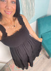'Moonlight Shadow' Black Smocked Tiered Midi Dress-A classic black midi dress with a smocked top + ruffle straps. The lightweight fabric makes it perfect to throw on and go on hot Summer days but it can also be dressed up for semi casual events!-Cali Moon Boutique, Plainville Connecticut