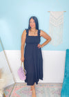 'Moonlight Shadow' Black Smocked Tiered Midi Dress-A classic black midi dress with a smocked top + ruffle straps. The lightweight fabric makes it perfect to throw on and go on hot Summer days but it can also be dressed up for semi casual events!-Cali Moon Boutique, Plainville Connecticut