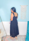 'Moonlight Shadow' Black Smocked Tiered Midi Dress-A classic black midi dress with a smocked top + ruffle straps. The lightweight fabric makes it perfect to throw on and go on hot Summer days but it can also be dressed up for semi casual events!-Cali Moon Boutique, Plainville Connecticut