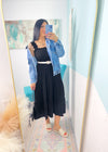 'Moonlight Shadow' Black Smocked Tiered Midi Dress-A classic black midi dress with a smocked top + ruffle straps. The lightweight fabric makes it perfect to throw on and go on hot Summer days but it can also be dressed up for semi casual events!-Cali Moon Boutique, Plainville Connecticut