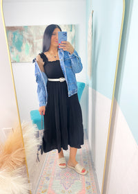 'Moonlight Shadow' Black Smocked Tiered Midi Dress-A classic black midi dress with a smocked top + ruffle straps. The lightweight fabric makes it perfect to throw on and go on hot Summer days but it can also be dressed up for semi casual events!-Cali Moon Boutique, Plainville Connecticut