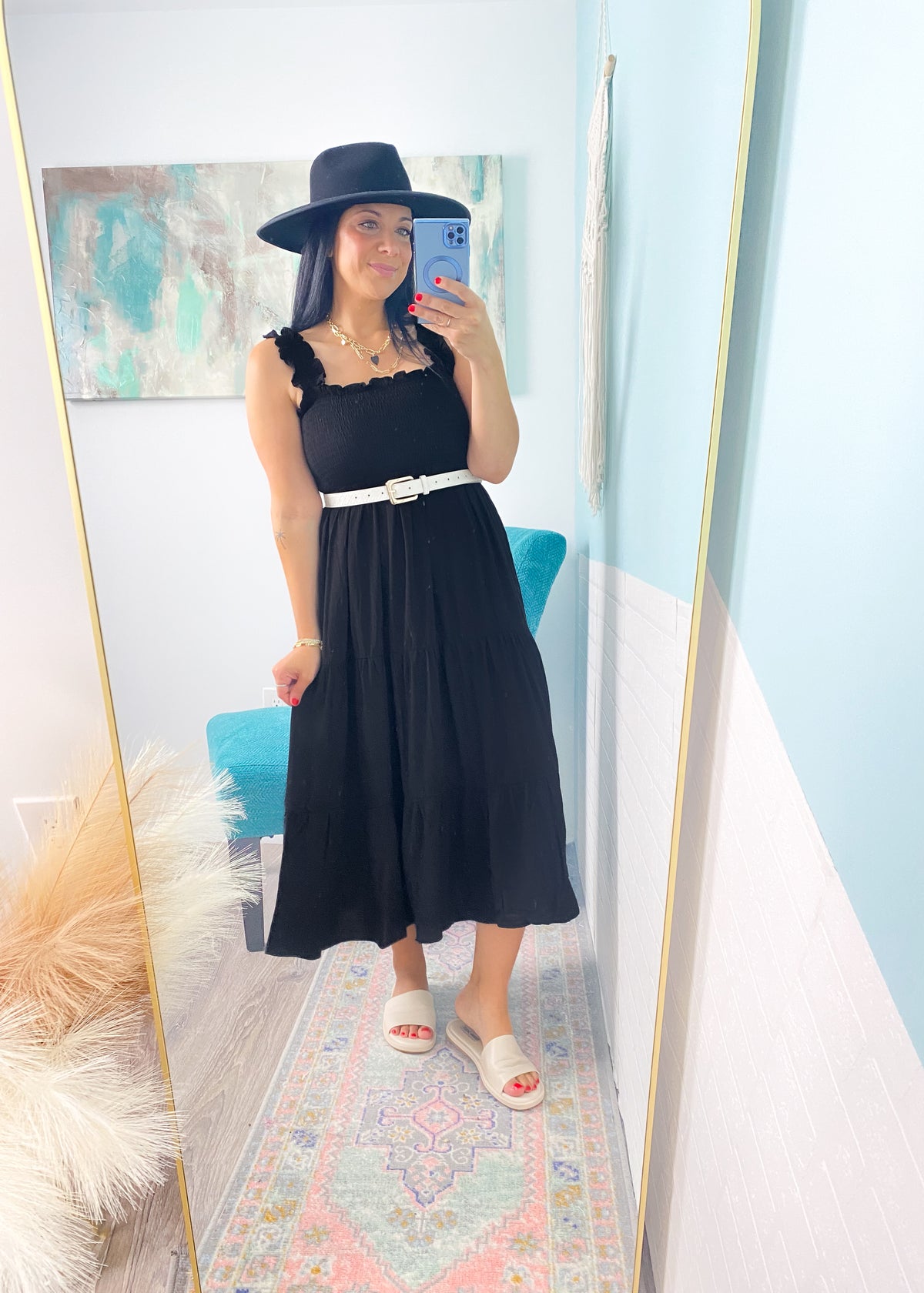 'Moonlight Shadow' Black Smocked Tiered Midi Dress-A classic black midi dress with a smocked top + ruffle straps. The lightweight fabric makes it perfect to throw on and go on hot Summer days but it can also be dressed up for semi casual events!-Cali Moon Boutique, Plainville Connecticut