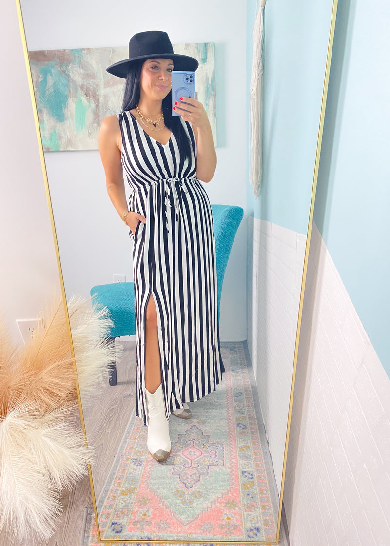 'Midnight Marina' Black + White Stripe V-Neck Maxi Dress-Black + white stripe = forever classic chic! Style this striped maxi dress with boots for a Summer concert, heels for a semi casual event or sandals for a Summer vacation day trip. Super lightweight breezy fabric with a side slit.-Cali Moon Boutique, Plainville Connecticut