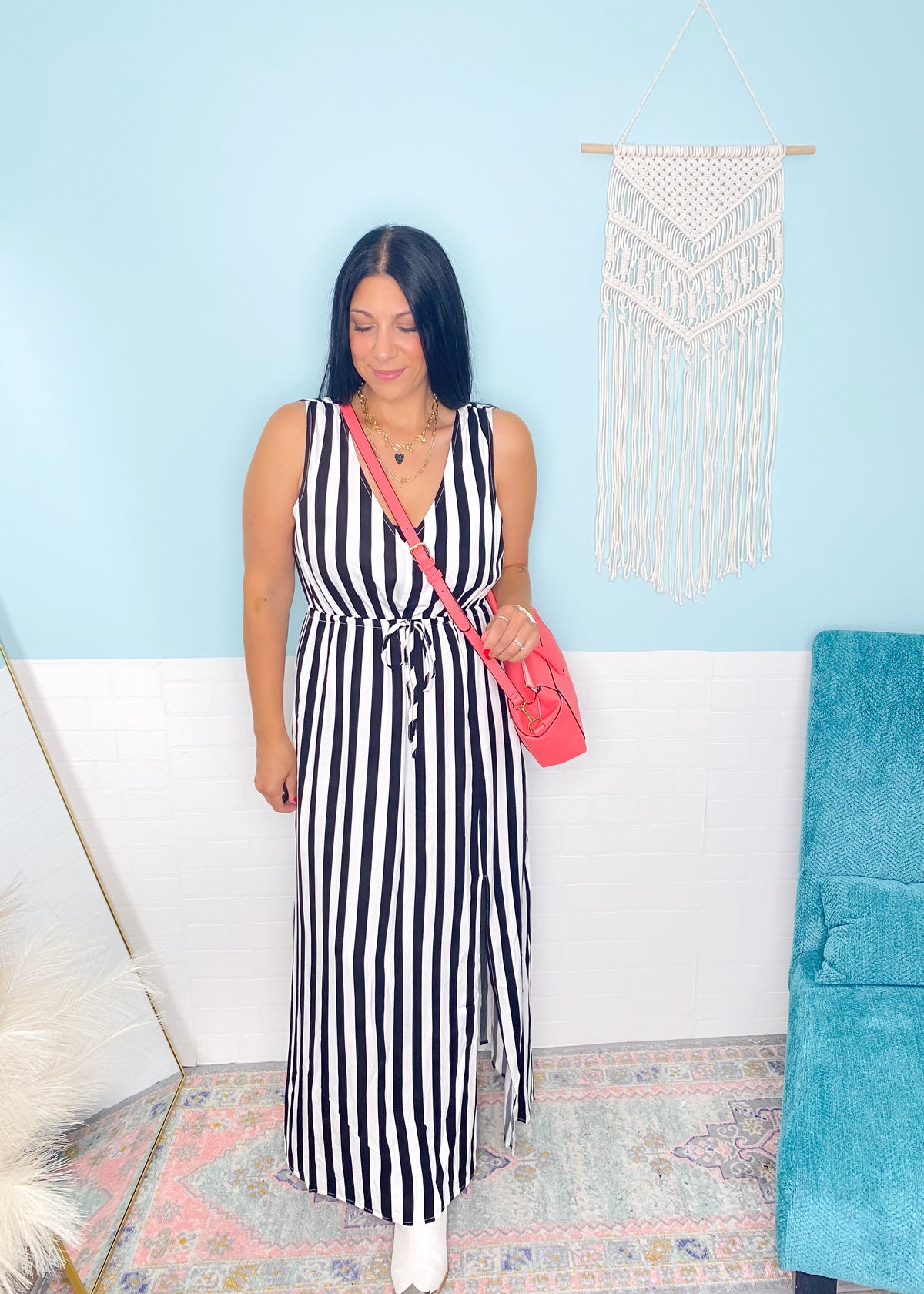 'Midnight Marina' Black + White Stripe V-Neck Maxi Dress-Black + white stripe = forever classic chic! Style this striped maxi dress with boots for a Summer concert, heels for a semi casual event or sandals for a Summer vacation day trip. Super lightweight breezy fabric with a side slit.-Cali Moon Boutique, Plainville Connecticut