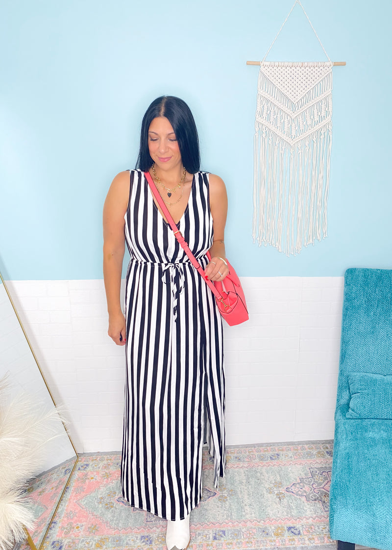 'Midnight Marina' Black + White Stripe V-Neck Maxi Dress-Black + white stripe = forever classic chic! Style this dress with boots for a Summer concert, heels for a semi casual event or sandals for a Summer vacation day trip. Super lightweight breezy fabric with a side slit.-Cali Moon Boutique, Plainville Connecticut