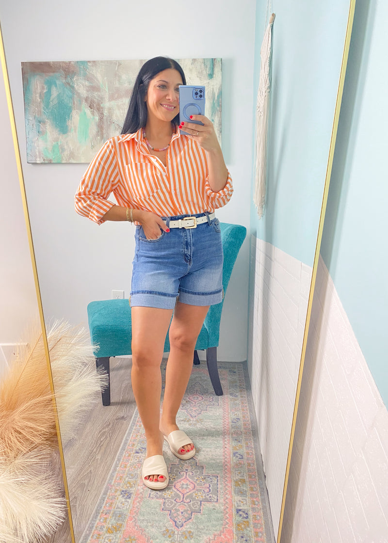 'Midday Spritz' Orange & White Stripe Cotton Button Front Top-A classic lightweight cotton button front top in a sunny days inspired orange and white stripe. Wear unbuttoned as a layering piece or tucked in for a coastal chic look. Also, work friendly!-Cali Moon Boutique, Plainville Connecticut