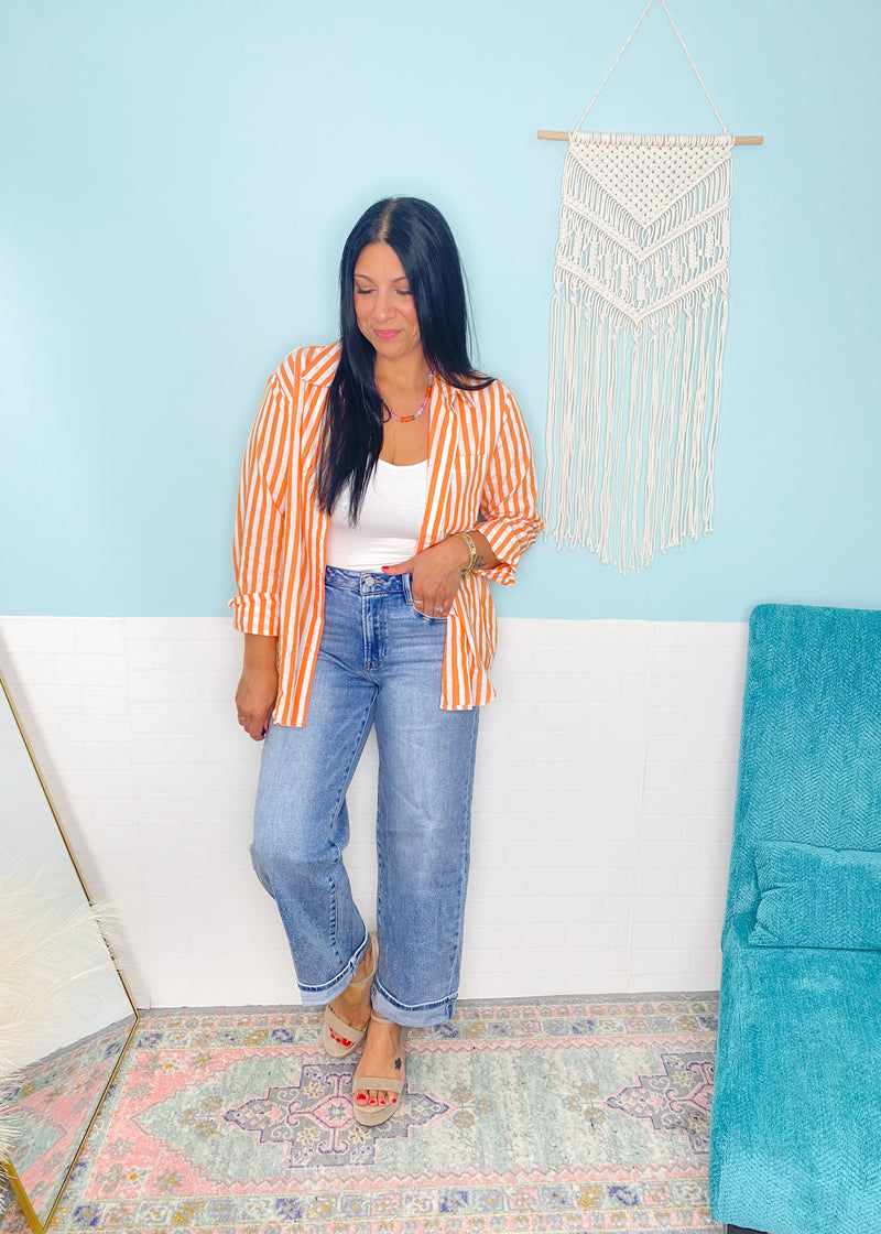 'Midday Spritz' Orange & White Stripe Cotton Button Front Top-A classic lightweight cotton button front top in a sunny days inspired orange and white stripe. Wear unbuttoned as a layering piece or tucked in for a coastal chic look. Also, work friendly!-Cali Moon Boutique, Plainville Connecticut