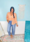 'Midday Spritz' Orange & White Stripe Cotton Button Front Top-A classic lightweight cotton button front top in a sunny days inspired orange and white stripe. Wear unbuttoned as a layering piece or tucked in for a coastal chic look. Also, work friendly!-Cali Moon Boutique, Plainville Connecticut