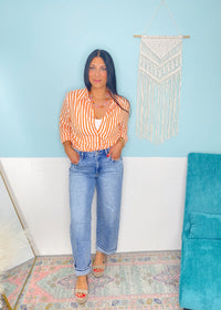 'Midday Spritz' Orange & White Stripe Cotton Button Front Top-A classic lightweight cotton button front top in a sunny days inspired orange and white stripe. Wear unbuttoned as a layering piece or tucked in for a coastal chic look. Also, work friendly!-Cali Moon Boutique, Plainville Connecticut