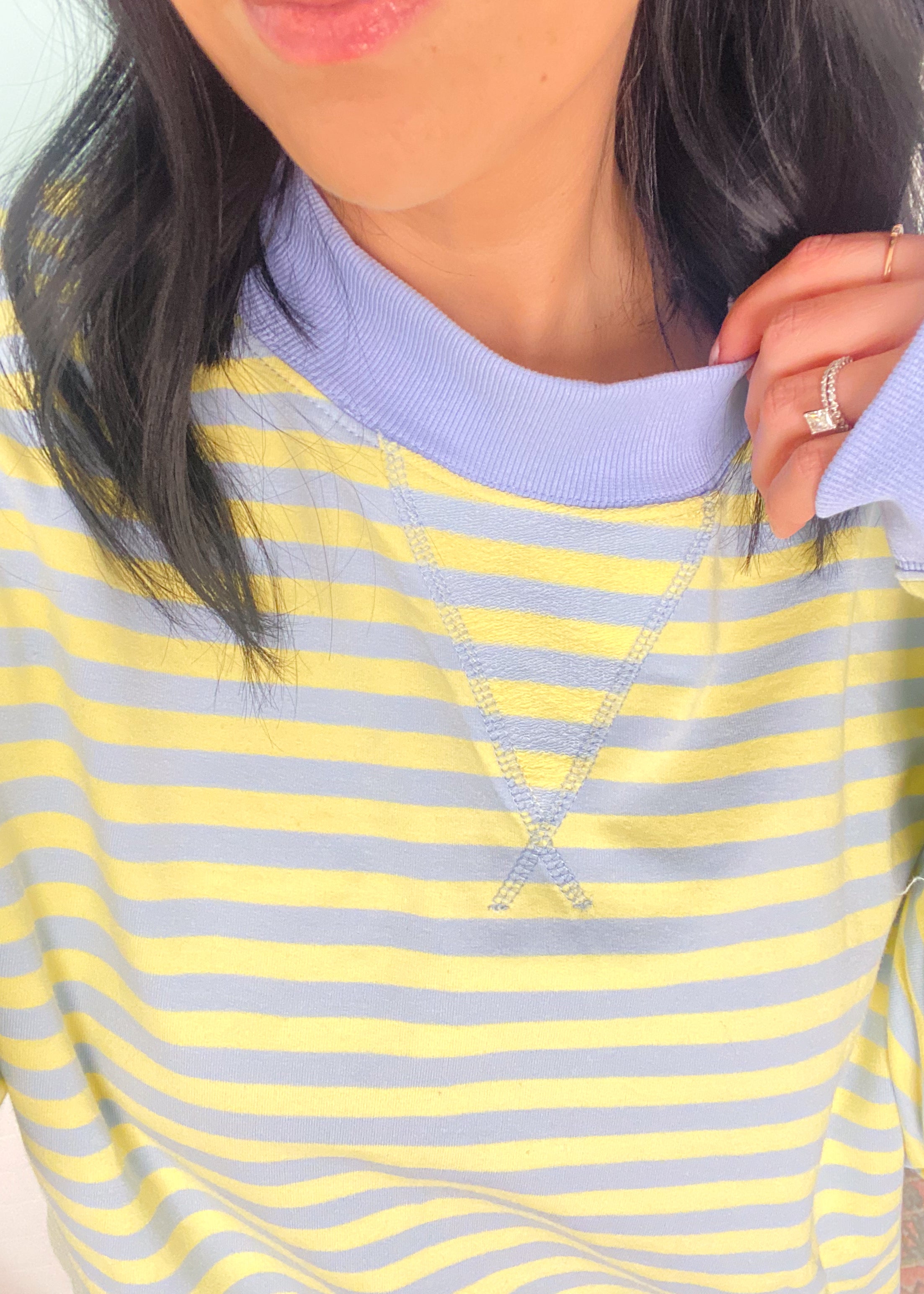 'Sun Shower' Lemon + Blue French Terry Stripe Mock Neck