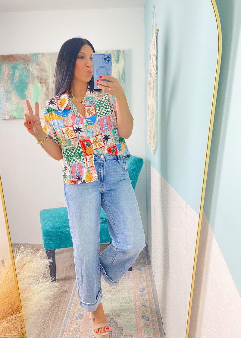 'Send a Post Card' Island Themed Print Semi Cropped Top-This tropical island inspired printed top is so fun + unique! Make it your own by wearing it open as a layer piece, buttoned or tucked in. Just add a frozen daiquiri!-Cali Moon Boutique, Plainville Connecticut