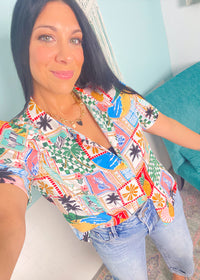 'Send a Post Card' Island Themed Print Semi Cropped Top-This tropical island inspired printed top is so fun + unique! Make it your own by wearing it open as a layer piece, buttoned or tucked in. Just add a frozen daiquiri!-Cali Moon Boutique, Plainville Connecticut