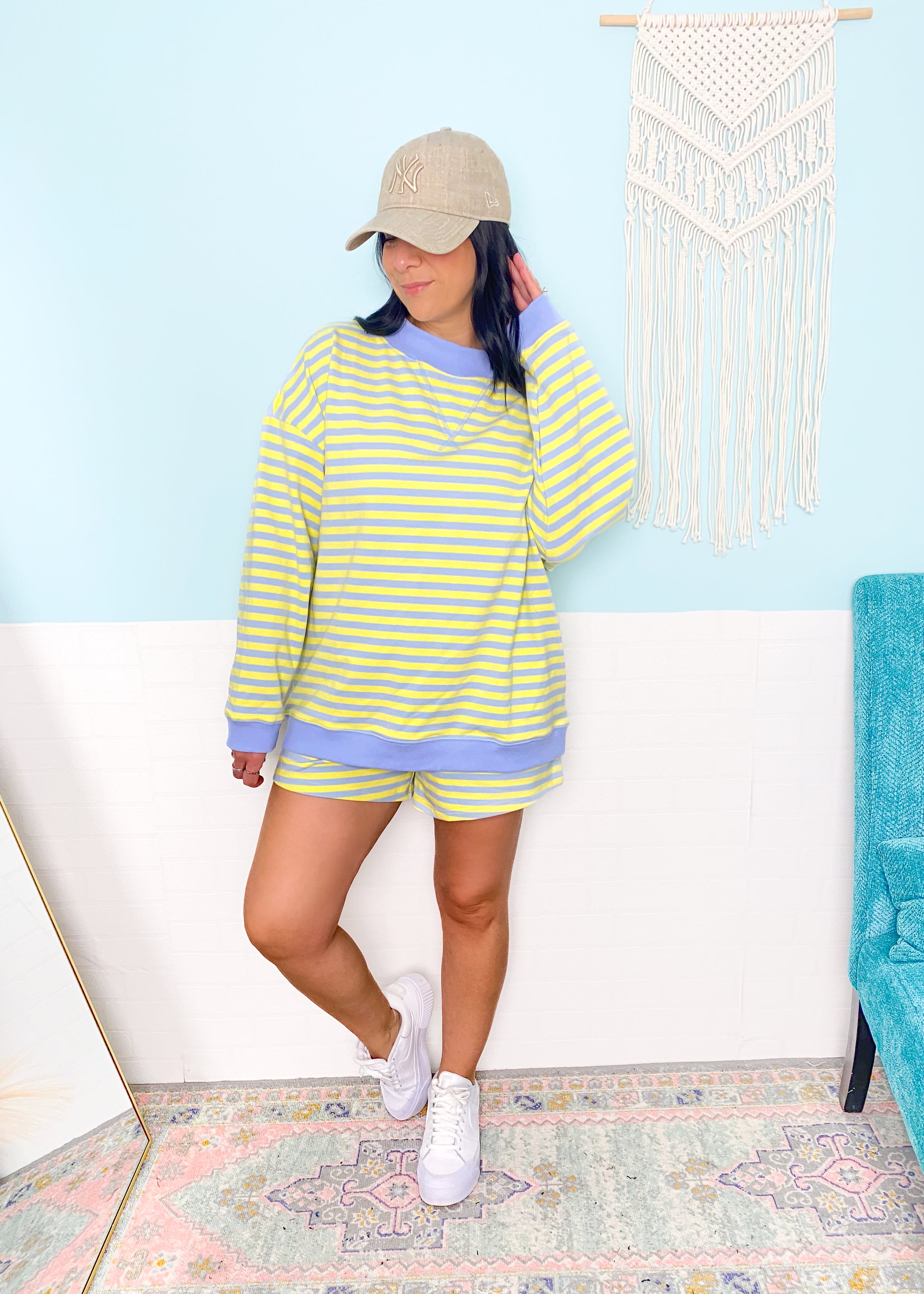 'Sun Shower' Lemon + Blue Stripe Shorts