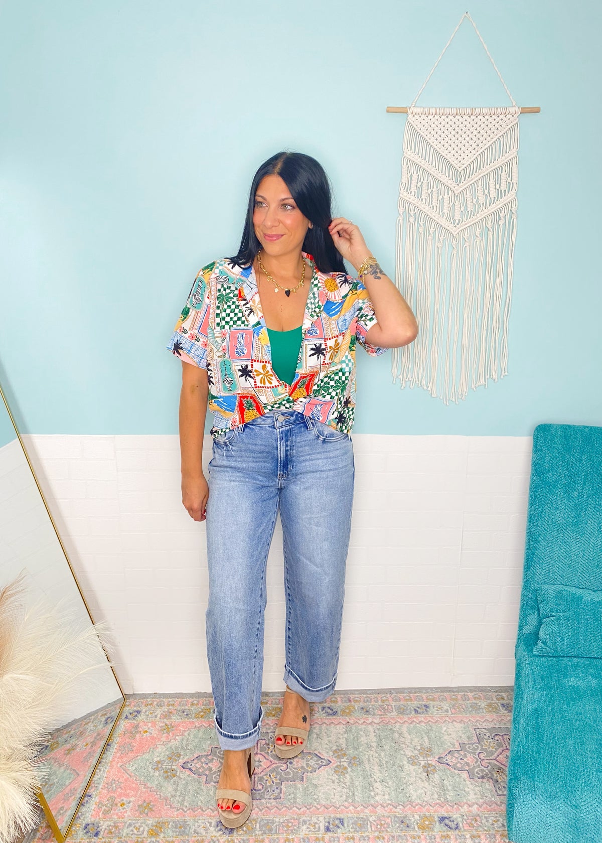 'Send a Post Card' Island Themed Print Semi Cropped Top-This tropical island inspired printed top is so fun + unique! Make it your own by wearing it open as a layer piece, buttoned or tucked in. Just add a frozen daiquiri!-Cali Moon Boutique, Plainville Connecticut