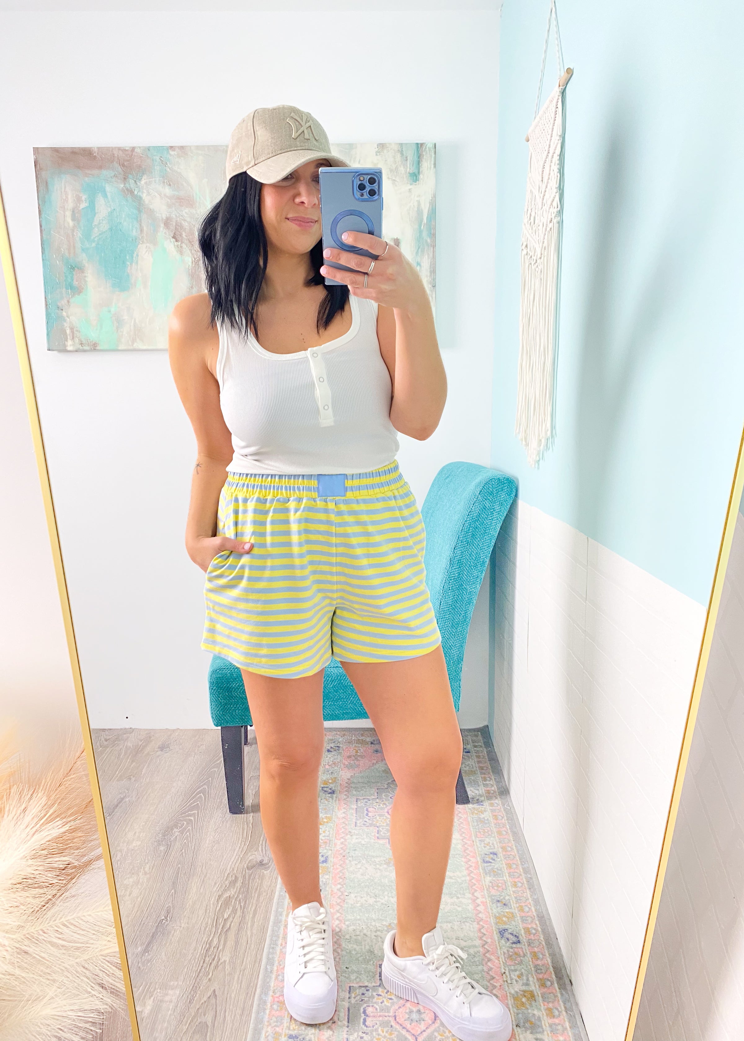 'Sun Shower' Lemon + Blue Stripe Shorts