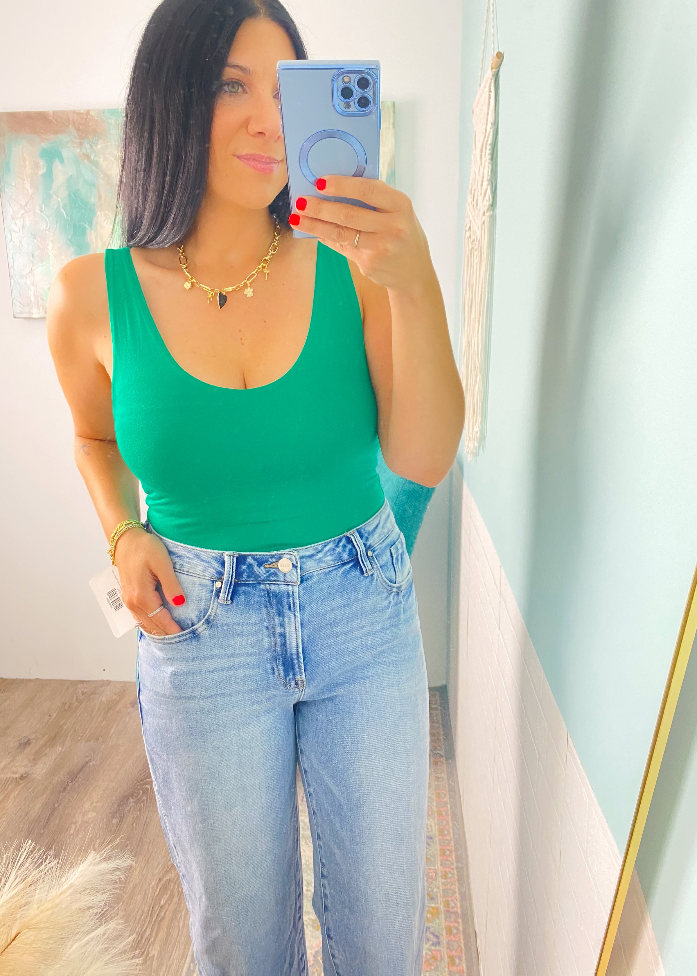 'Victory' Emerald Green Double Layered V-Neck Fitted Tank Top-A little bit of sexy with a lot of everyday function! Designed with a second-skin fit, the double-layered fabric of this tank offers a smooth, flattering and comfortable fit that you can wear alone or layered.-Cali Moon Boutique, Plainville Connecticut