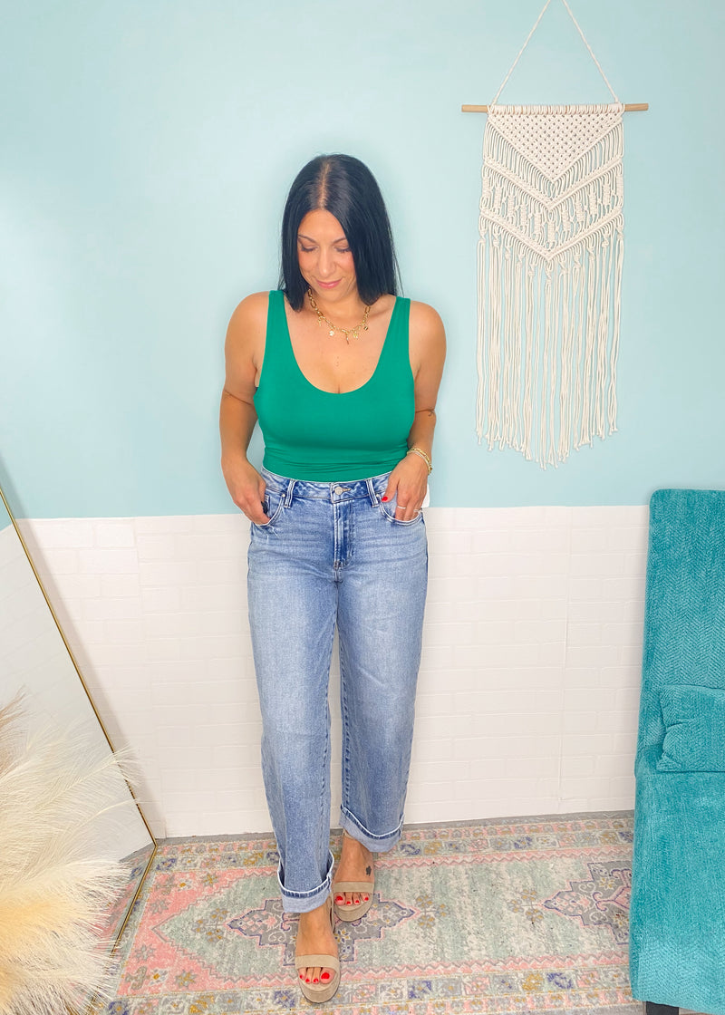 'Victory' Emerald Green Double Layered V-Neck Fitted Tank Top-A little bit of sexy with a lot of everyday function! Designed with a second-skin fit, the double-layered fabric of this tank offers a smooth, flattering and comfortable fit that you can wear alone or layered.-Cali Moon Boutique, Plainville Connecticut