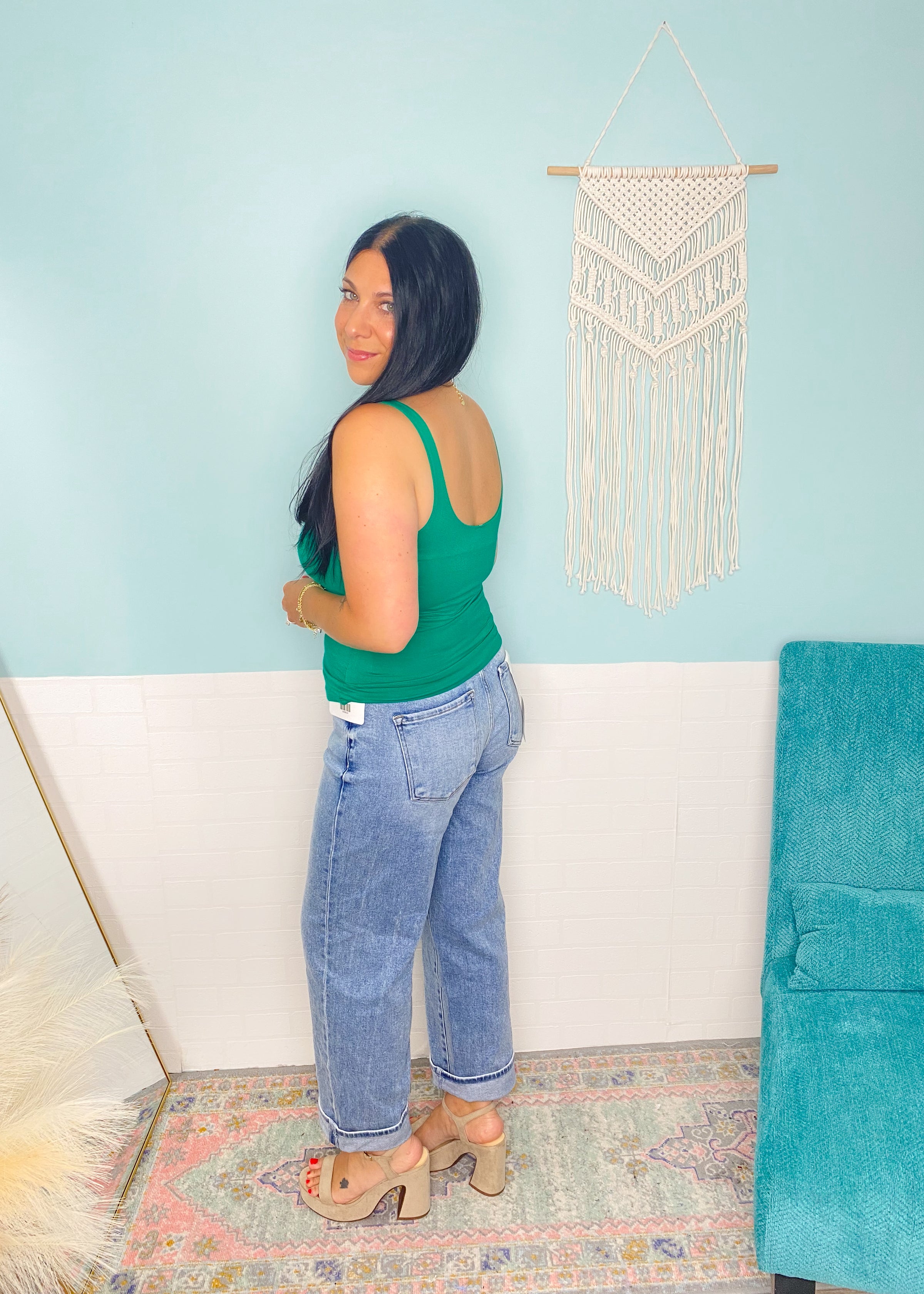 'Victory' Emerald Green Double Layered V-Neck Fitted Tank Top-A little bit of sexy with a lot of everyday function! Designed with a second-skin fit, the double-layered fabric of this tank offers a smooth, flattering and comfortable fit that you can wear alone or layered.-Cali Moon Boutique, Plainville Connecticut