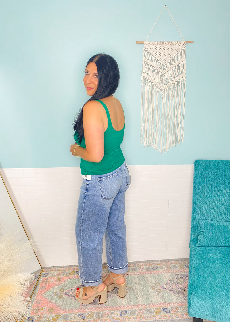 'Victory' Emerald Green Double Layered V-Neck Fitted Tank Top-A little bit of sexy with a lot of everyday function! Designed with a second-skin fit, the double-layered fabric of this tank offers a smooth, flattering and comfortable fit that you can wear alone or layered.-Cali Moon Boutique, Plainville Connecticut