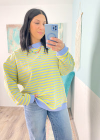 'Sun Shower' Lemon + Blue French Terry Stripe Mock Neck