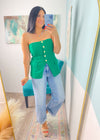 'Cabana Club' Emerald Green Strapless Stretch Knit Vest-Showstopper alert! This strapless vest comes in a gorgeous emerald green color with gold textured buttons. The knit fabric is stretchy for comfort paired with cute! Style with strappy heels + jeans, skirts with high boots or with white linen pants for all different vibes! -Cali Moon Boutique, Plainville Connecticut