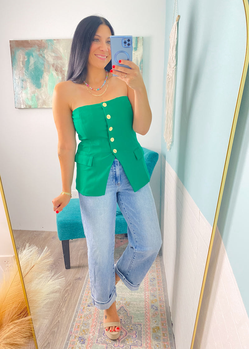 'Cabana Club' Emerald Green Strapless Stretch Knit Vest-Showstopper alert! This strapless vest comes in a gorgeous emerald green color with gold textured buttons. The knit fabric is stretchy for comfort paired with cute! Style with strappy heels + jeans, skirts with high boots or with white linen pants for all different vibes!-Cali Moon Boutique, Plainville Connecticut