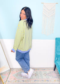 'Sun Shower' Lemon + Blue French Terry Stripe Mock Neck