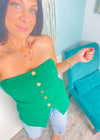 'Cabana Club' Emerald Green Strapless Stretch Knit Vest-Showstopper alert! This strapless vest comes in a gorgeous emerald green color with gold textured buttons. The knit fabric is stretchy for comfort paired with cute! Style with strappy heels + jeans, skirts with high boots or with white linen pants for all different vibes! -Cali Moon Boutique, Plainville Connecticut