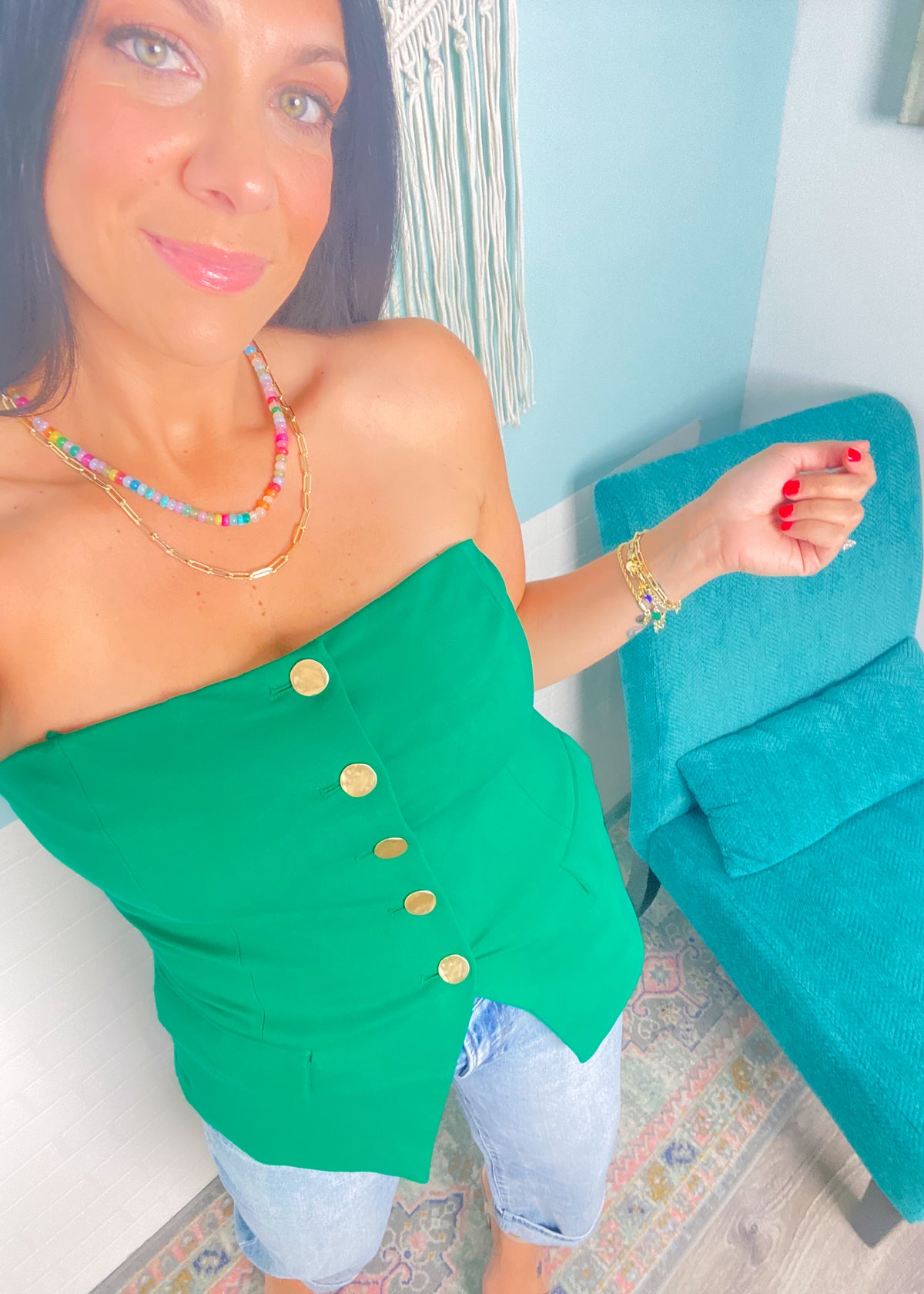 'Cabana Club' Emerald Green Strapless Stretch Knit Vest-Showstopper alert! This strapless vest comes in a gorgeous emerald green color with gold textured buttons. The knit fabric is stretchy for comfort paired with cute! Style with strappy heels + jeans, skirts with high boots or with white linen pants for all different vibes!-Cali Moon Boutique, Plainville Connecticut