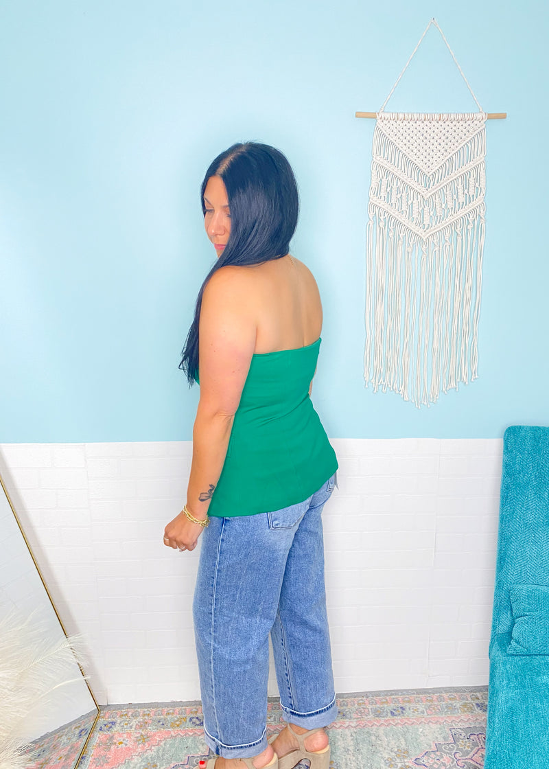 'Cabana Club' Emerald Green Strapless Stretch Knit Vest-Showstopper alert! This strapless vest comes in a gorgeous emerald green color with gold textured buttons. The knit fabric is stretchy for comfort paired with cute! Style with strappy heels + jeans, skirts with high boots or with white linen pants for all different vibes! -Cali Moon Boutique, Plainville Connecticut