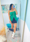 'Cabana Club' Emerald Green Strapless Stretch Knit Vest-Showstopper alert! This strapless vest comes in a gorgeous emerald green color with gold textured buttons. The knit fabric is stretchy for comfort paired with cute! Style with strappy heels + jeans, skirts with high boots or with white linen pants for all different vibes! -Cali Moon Boutique, Plainville Connecticut