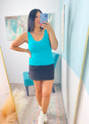 'Victory' Turquoise Double Layered V-Neck Fitted Tank Top-A little bit of sexy with a lot of everyday function! Designed with a second-skin fit, the double-layered fabric of this tank offers a smooth, flattering and comfortable fit that you can wear alone or layered.-Cali Moon Boutique, Plainville Connecticut