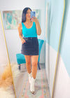 'Victory' Turquoise Double Layered V-Neck Fitted Tank Top-A little bit of sexy with a lot of everyday function! Designed with a second-skin fit, the double-layered fabric of this tank offers a smooth, flattering and comfortable fit that you can wear alone or layered.-Cali Moon Boutique, Plainville Connecticut