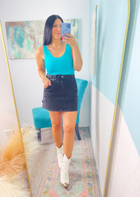 'Victory' Turquoise Double Layered V-Neck Fitted Tank Top-A little bit of sexy with a lot of everyday function! Designed with a second-skin fit, the double-layered fabric of this tank offers a smooth, flattering and comfortable fit that you can wear alone or layered.-Cali Moon Boutique, Plainville Connecticut