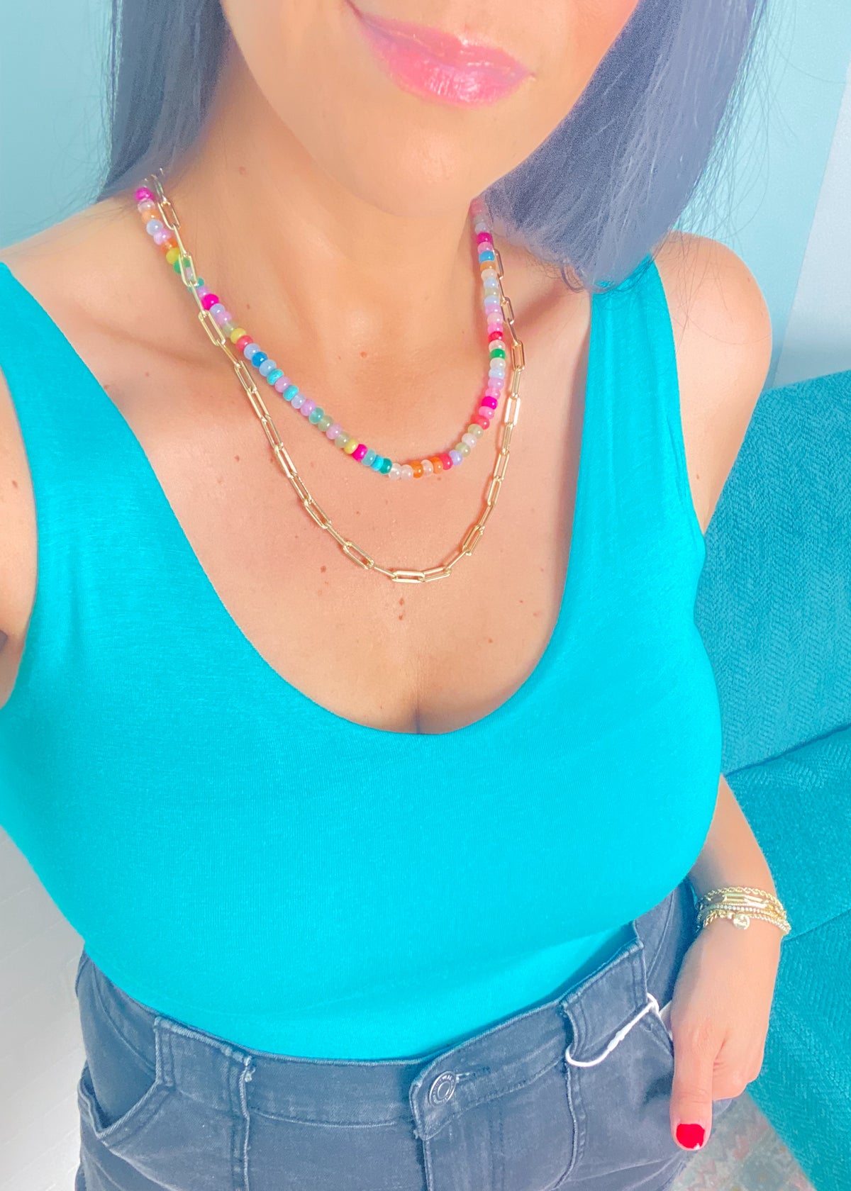 'Victory' Turquoise Double Layered V-Neck Fitted Tank Top-A little bit of sexy with a lot of everyday function! Designed with a second-skin fit, the double-layered fabric of this tank offers a smooth, flattering and comfortable fit that you can wear alone or layered.-Cali Moon Boutique, Plainville Connecticut
