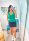 'Victory' Emerald Green Double Layered V-Neck Fitted Tank Top-A little bit of sexy with a lot of everyday function! Designed with a second-skin fit, the double-layered fabric of this tank offers a smooth, flattering and comfortable fit that you can wear alone or layered.-Cali Moon Boutique, Plainville Connecticut