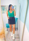 'Victory' Emerald Green Double Layered V-Neck Fitted Tank Top-A little bit of sexy with a lot of everyday function! Designed with a second-skin fit, the double-layered fabric of this tank offers a smooth, flattering and comfortable fit that you can wear alone or layered.-Cali Moon Boutique, Plainville Connecticut