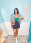 'Send a Post Card' Island Themed Print Semi Cropped Top-This tropical island inspired printed top is so fun + unique! Make it your own by wearing it open as a layer piece, buttoned or tucked in. Just add a frozen daiquiri!-Cali Moon Boutique, Plainville Connecticut