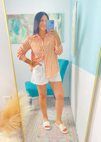 'Midday Spritz' Orange & White Stripe Cotton Button Front Top-A classic lightweight cotton button front top in a sunny days inspired orange and white stripe. Wear unbuttoned as a layering piece or tucked in for a coastal chic look. Also, work friendly!-Cali Moon Boutique, Plainville Connecticut