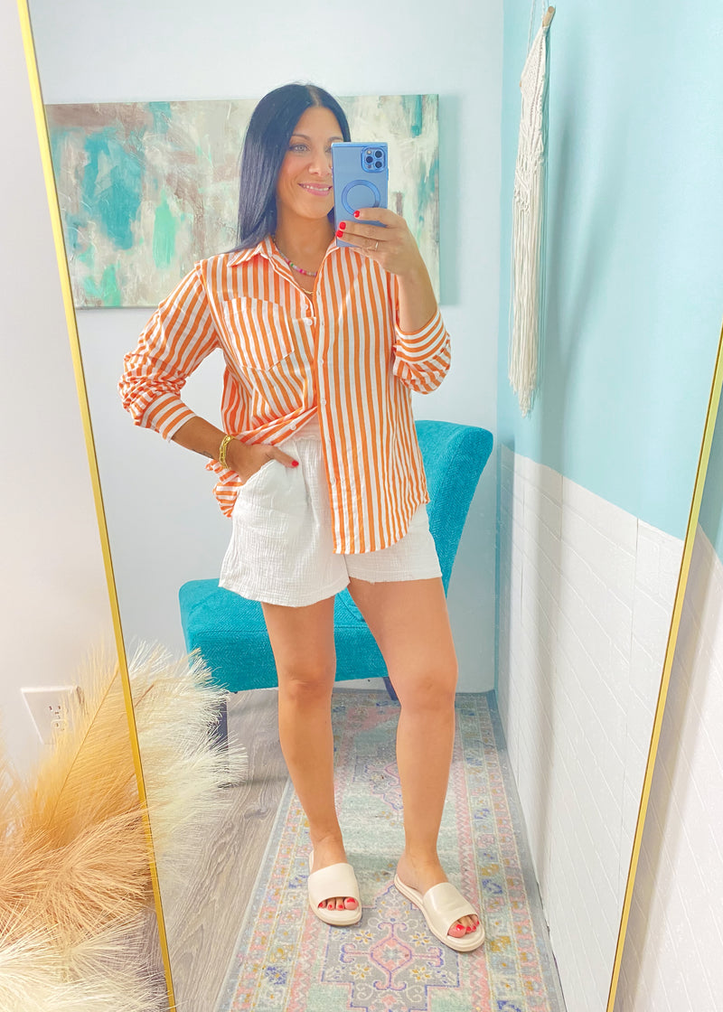 'Midday Spritz' Orange & White Stripe Cotton Button Front Top-A classic lightweight cotton button front top in a sunny days inspired orange and white stripe. Wear unbuttoned as a layering piece or tucked in for a coastal chic look. Also, work friendly!-Cali Moon Boutique, Plainville Connecticut