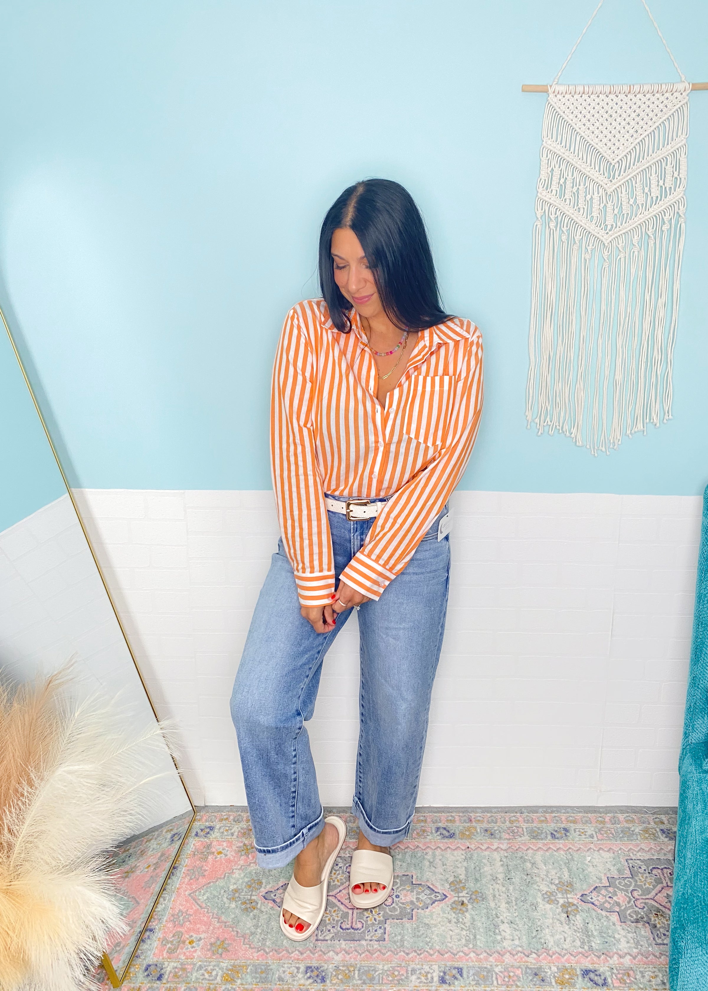 'Midday Spritz' Orange & White Stripe Cotton Button Front Top-A classic lightweight cotton button front top in a sunny days inspired orange and white stripe. Wear unbuttoned as a layering piece or tucked in for a coastal chic look. Also, work friendly!-Cali Moon Boutique, Plainville Connecticut