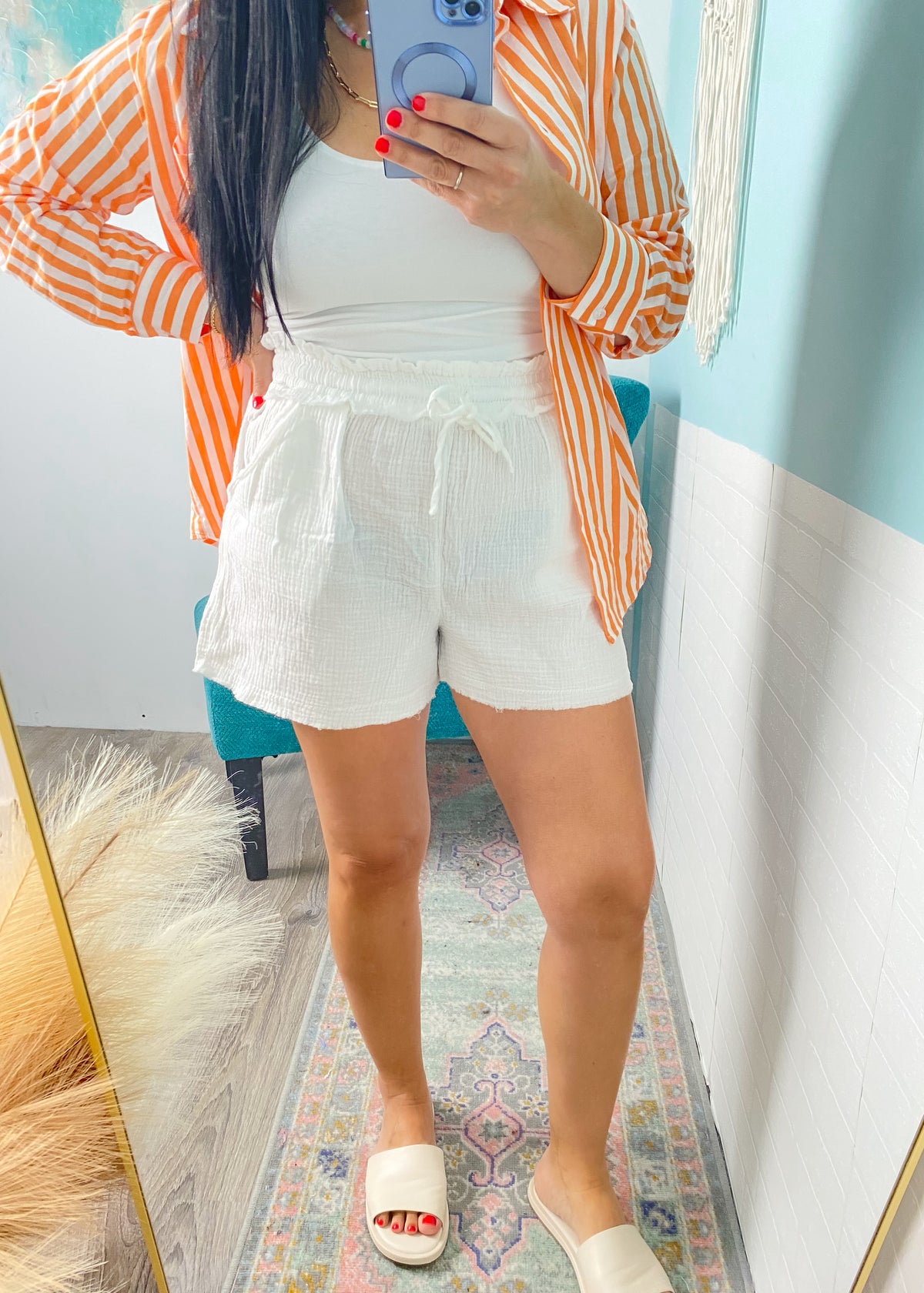 'Shoreline Stroll' Off White Elastic Waist Double Gauze Beach Shorts-These double gauze white shorts are perfect to throw on over your bathing suit or with an oversized sweatshirt on cool beach nights!-Cali Moon Boutique, Plainville Connecticut