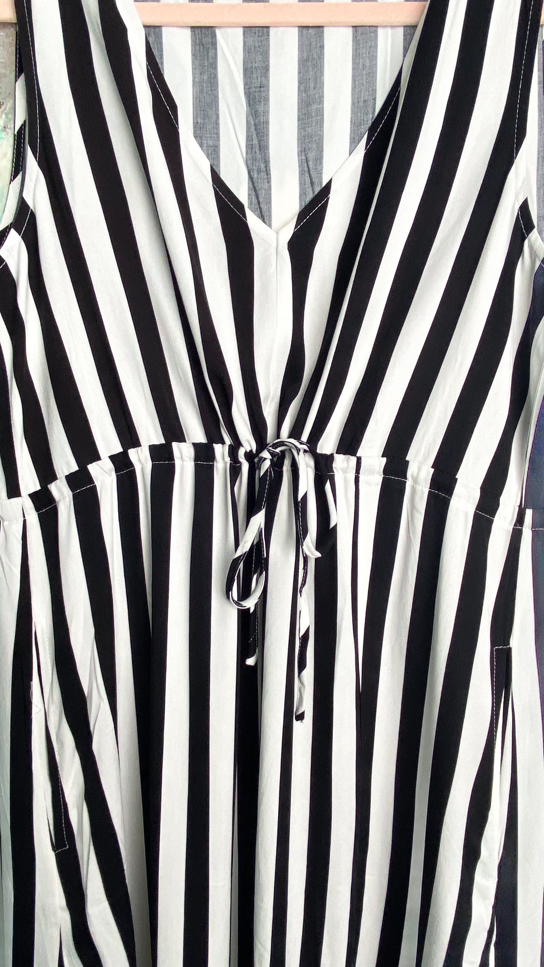 'Midnight Marina' Black + White Stripe V-Neck Maxi Dress-Black + white stripe = forever classic chic! Style this dress with boots for a Summer concert, heels for a semi casual event or sandals for a Summer vacation day trip. Super lightweight breezy fabric with a side slit.-Cali Moon Boutique, Plainville Connecticut