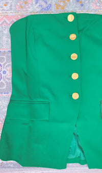 'Cabana Club' Emerald Green Strapless Stretch Knit Vest-Showstopper alert! This strapless vest comes in a gorgeous emerald green color with gold textured buttons. The knit fabric is stretchy for comfort paired with cute! Style with strappy heels + jeans, skirts with high boots or with white linen pants for all different vibes! -Cali Moon Boutique, Plainville Connecticut