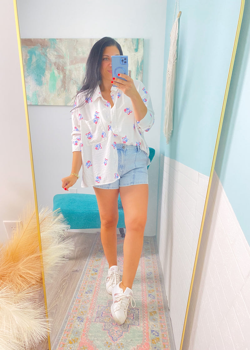 'Sweet Land' Stars & Stripes Bow + Cherry Print Button Down Shirt-A sweet as can be soft + lightweight button down shirt with all your current favs: bows, cherries, Americana. A gem you will fall in love with instantly-Cali Moon Boutique, Plainville Connecticut