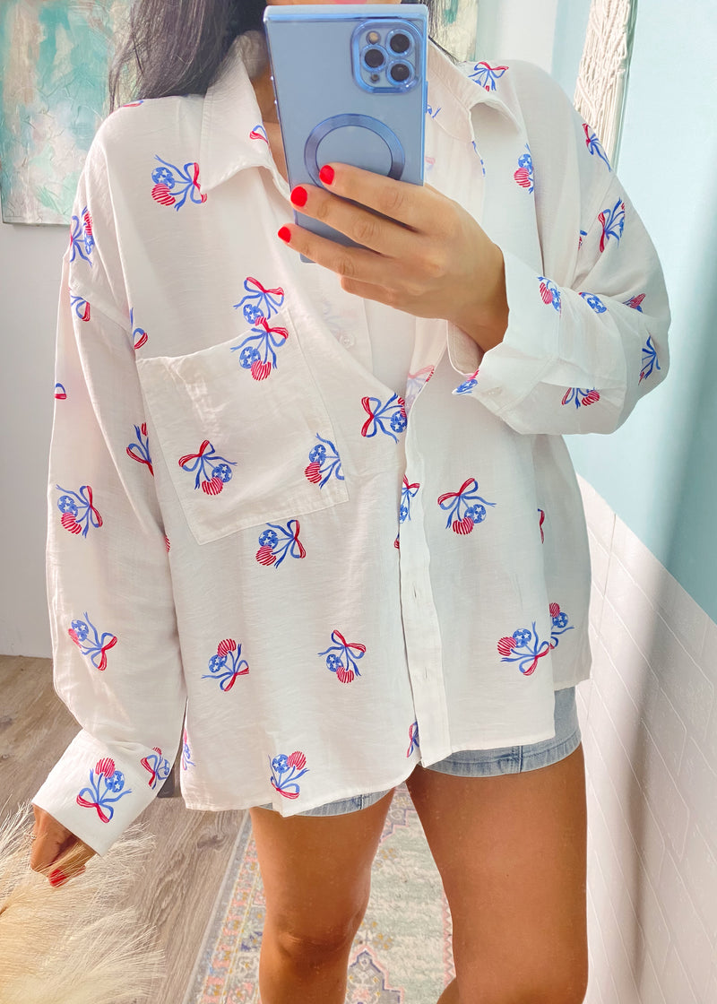 'Sweet Land' Stars & Stripes Bow + Cherry Print Button Down Shirt-A sweet as can be soft + lightweight button down shirt with all your current favs: bows, cherries, Americana. A gem you will fall in love with instantly-Cali Moon Boutique, Plainville Connecticut