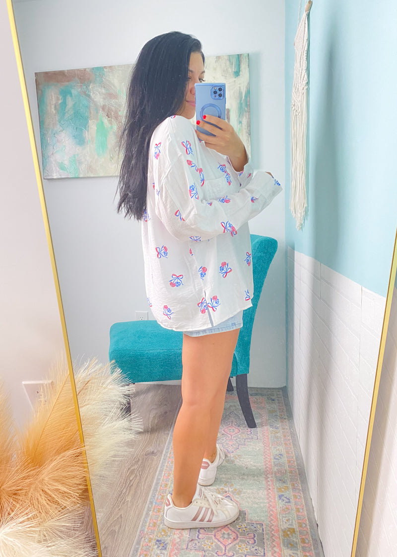 'Sweet Land' Stars & Stripes Bow + Cherry Print Button Down Shirt-A sweet as can be soft + lightweight button down shirt with all your current favs: bows, cherries, Americana. A gem you will fall in love with instantly-Cali Moon Boutique, Plainville Connecticut