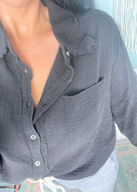 'Liberty' Black Double Gauze Frayed Hem Shirt-This gauze button down shirt is a Spring + Summer essential for every closet, every year! Featuring a double gauze fabric, frayed hems giving it extra detail and functional buttons. Bring this shirt from work to beach in a breeze! -Cali Moon Boutique, Plainville Connecticut