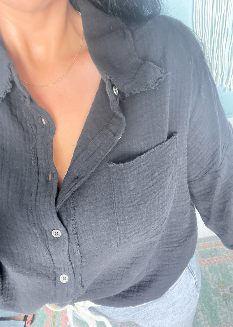 'Liberty' Black Double Gauze Frayed Hem Shirt-This gauze button down shirt is a Spring + Summer essential for every closet, every year! Featuring a double gauze fabric, frayed hems giving it extra detail and functional buttons. Bring this shirt from work to beach in a breeze! -Cali Moon Boutique, Plainville Connecticut