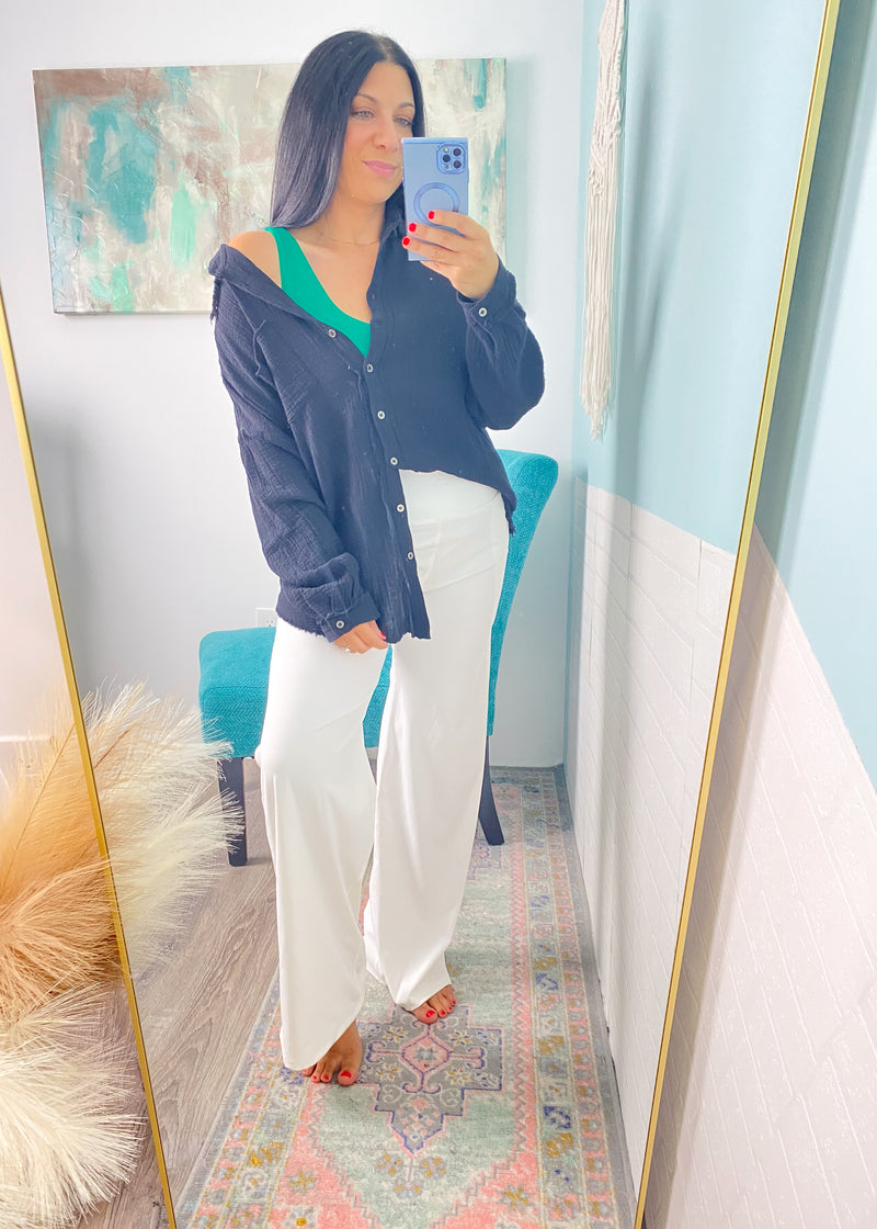 'Liberty' Black Double Gauze Frayed Hem Shirt-This gauze button down shirt is a Spring + Summer essential for every closet, every year! Featuring a double gauze fabric, frayed hems giving it extra detail and functional buttons. Bring this shirt from work to beach in a breeze! -Cali Moon Boutique, Plainville Connecticut